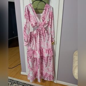 Elegant Pink Floral Maxi Dress With Cutouts